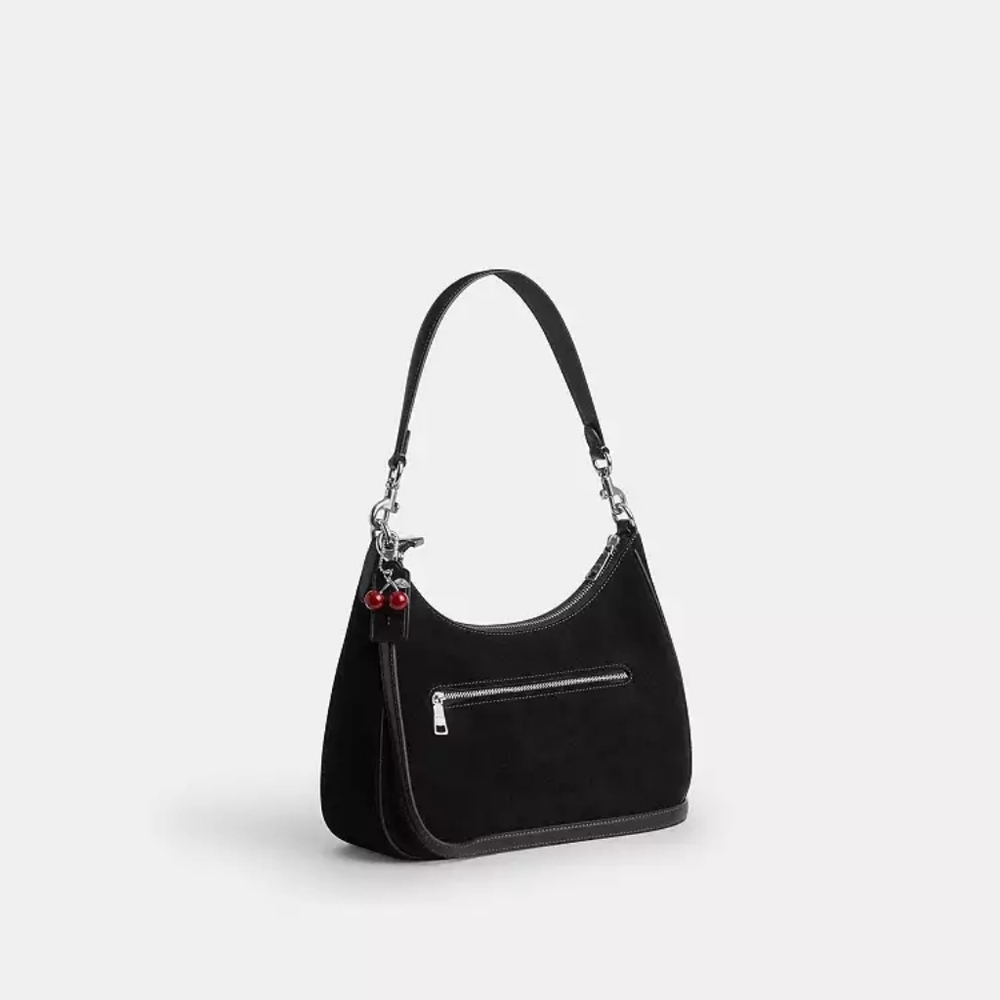 New! ☪️Coach Black Suede Teri Hobo Shoulder Bag With Red Cherry 🍒 Charm - Picture 2 of 12